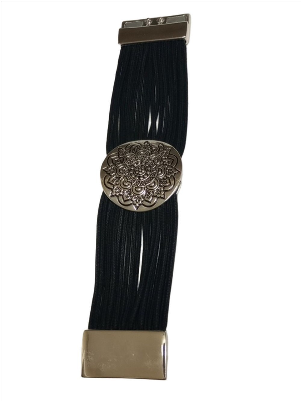 MANDALA ENGRAVED SILVER TONE MULTI STRINGS BLACK CHUNKY CLASP ZEN BRACELET - Picture 5 of 7